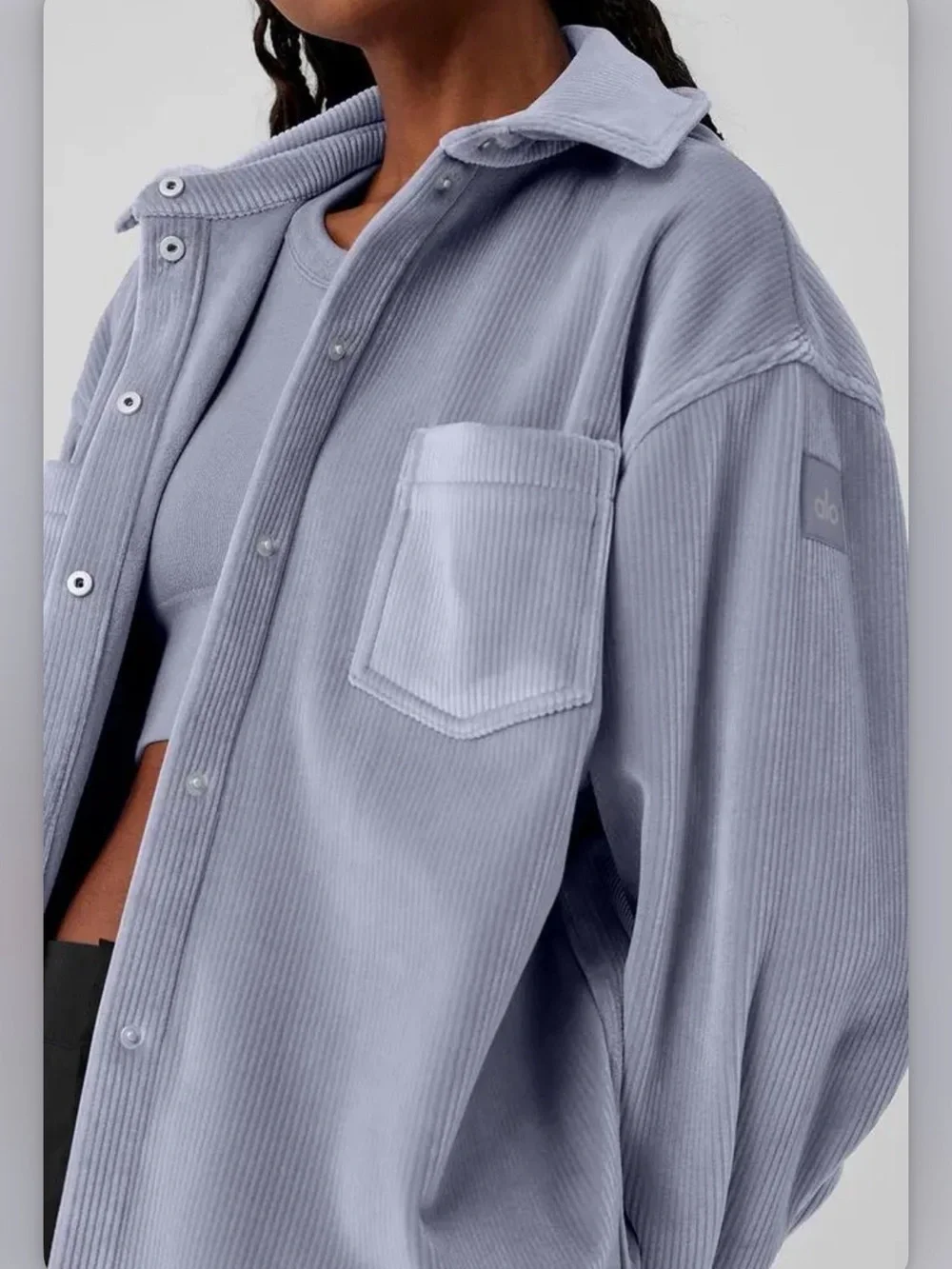 Women’s Corduroy Button-Up Shirt Jacket in Dusty Gray. ALO Yoga Velour Jacket